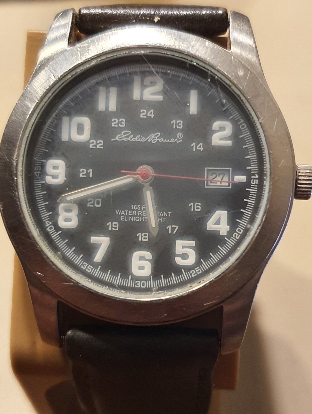 Vtg Eddie Bauer Silver/Black Leather Men's Field Watch w/Date